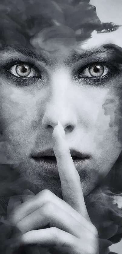 Mystical smoke surrounds a woman's face in this mobile wallpaper.