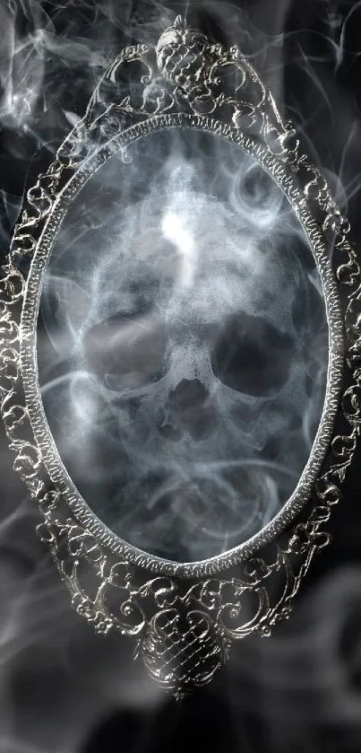 Intricate mirror with smoke forming a skull design.