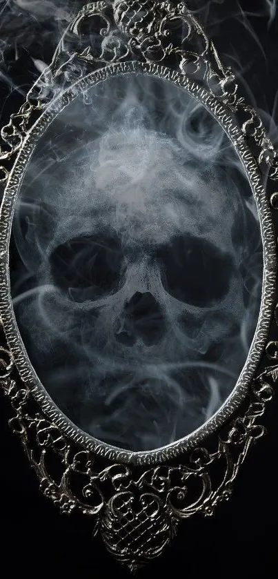 Ornate mirror with a mysterious smoke skull design on dark background.