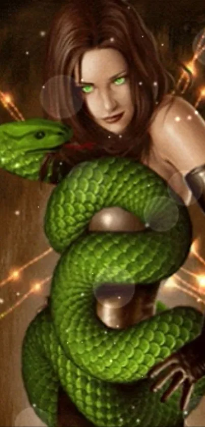 Mystical woman entwined with a green snake on fantasy wallpaper.