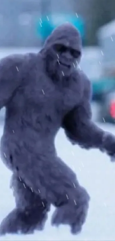 Gray fur creature walking in snowy landscape.