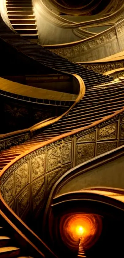 Intricate spiral staircases with warm golden hues.