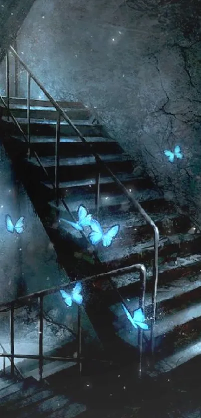 Mysterious staircase with glowing blue butterflies in a dark ambiance.