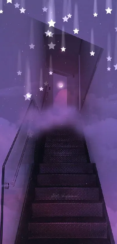 Mysterious staircase vanishing into ethereal clouds with a glowing moon.