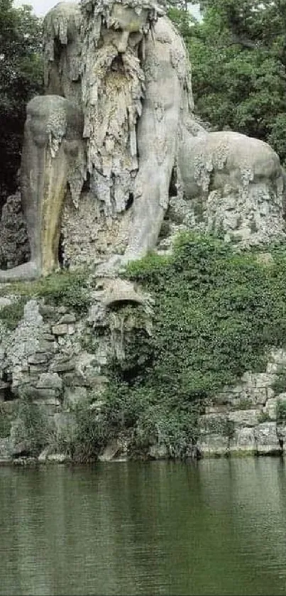 Mysterious stone sculpture amidst lush greenery by a tranquil lake.