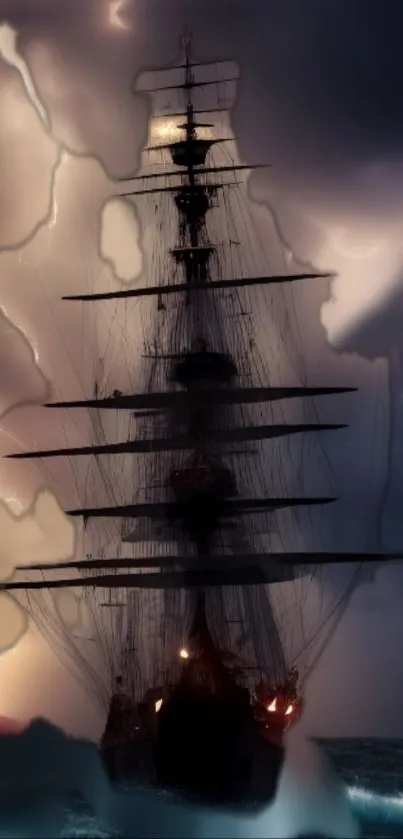 Silhouette of a ship against a stormy, lightning-filled sky.