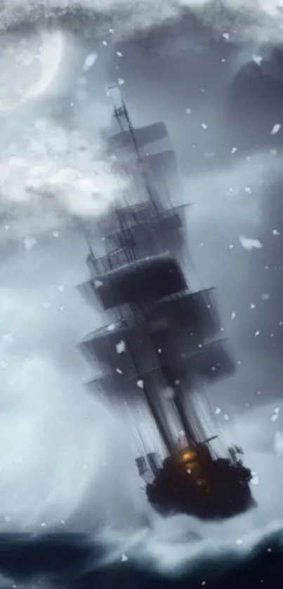 Mysterious ship battles stormy sea under cloudy skies.