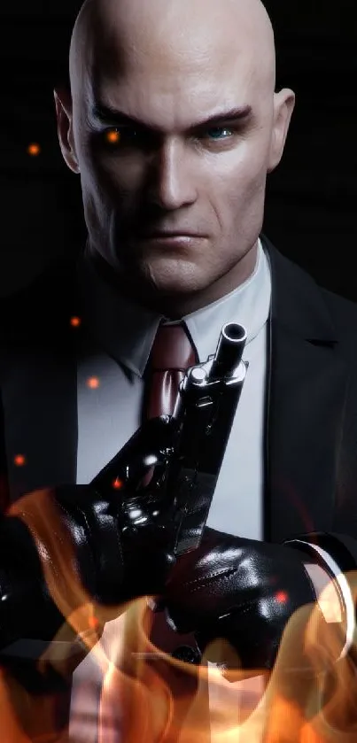 A mysterious figure in a suit holding a gun, set against a dark background.