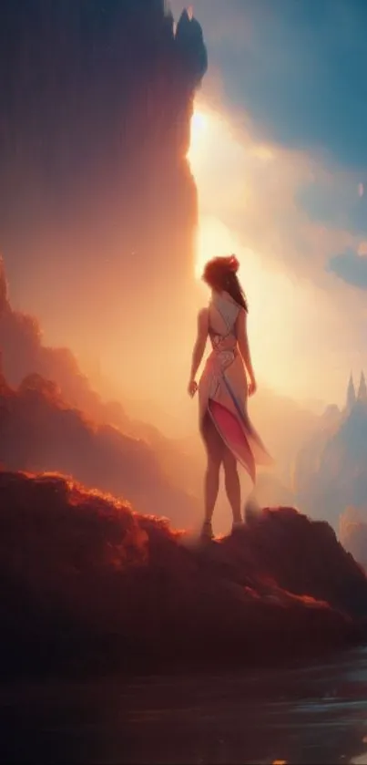 Mystical figure standing at sunset on a rocky landscape with glowing sky.