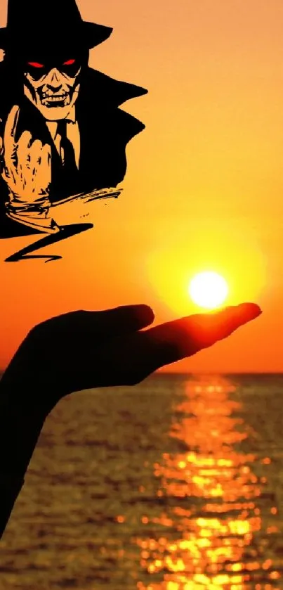 Hand holding sunset with mysterious figure, ocean backdrop.