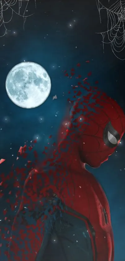 Superhero in red suit under a moonlit sky with webs and stars.