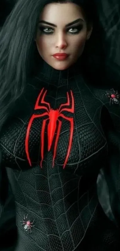 Superhero in black suit with red spider symbol.