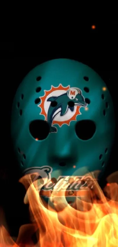 Teal hockey mask with Miami Dolphins logo and flames background.