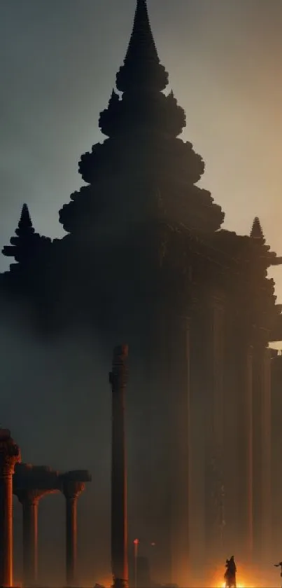 Silhouetted temple with orange dusk backdrop.