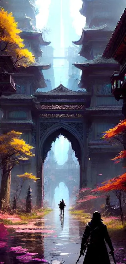 Fantasy temple landscape with vibrant autumn colors and mysterious figures.