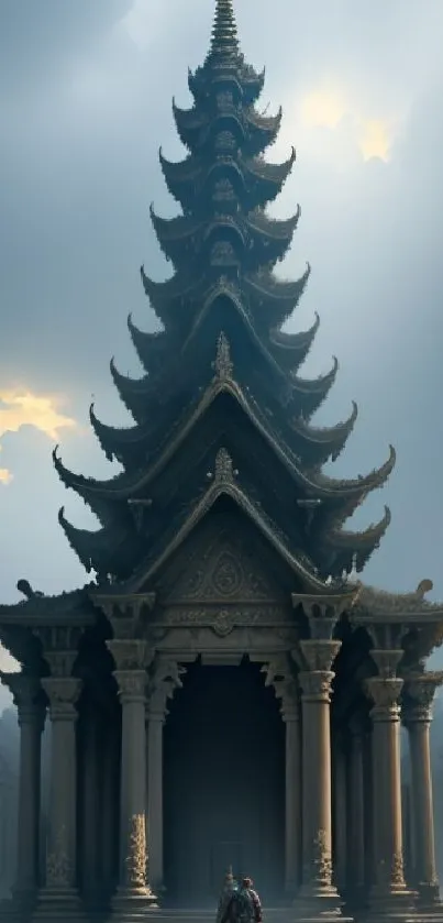 Foggy temple with dramatic architectural design.