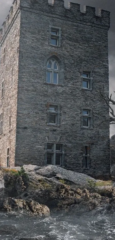 Gothic stone tower amid a stormy, rugged landscape.