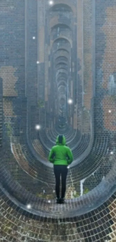 Mysterious tunnel with a lone figure in green jacket.