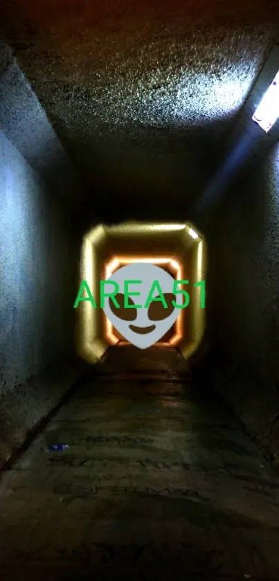 Mysterious glowing tunnel with Area 51 emblem in a sci-fi setting.