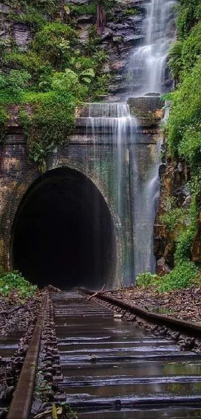 Mystical tunnel with waterfall surrounded by lush greenery and tracks.