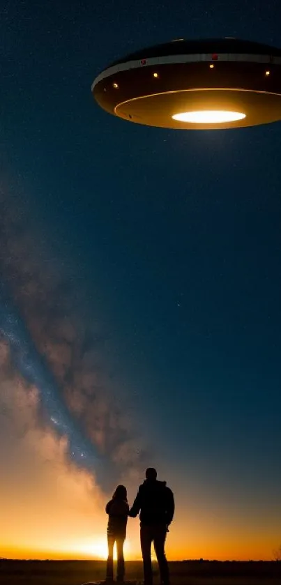 UFO hovers above a couple against a starry night skyline.