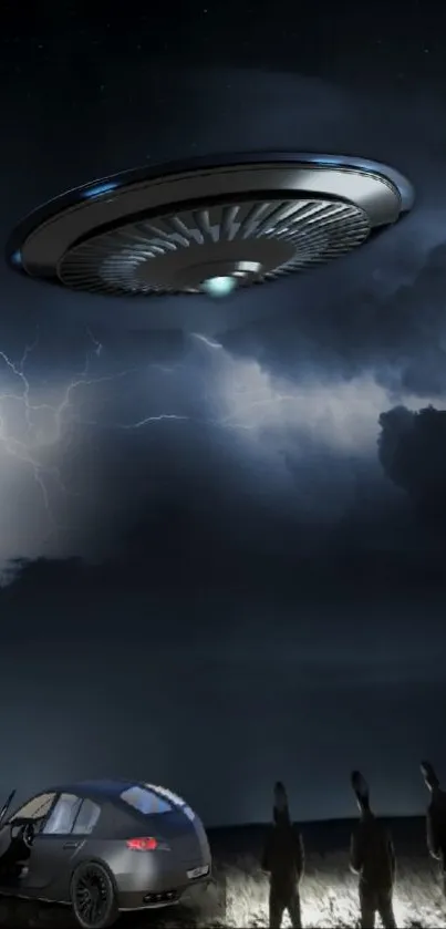 UFO hovering in a stormy night sky with lightning and silhouettes below.