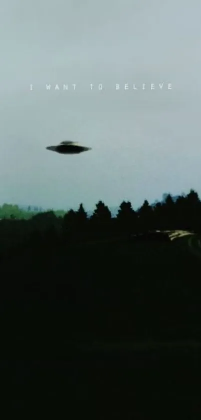 Mysterious UFO flying over dark forest at night with text 'I Want to Believe'.