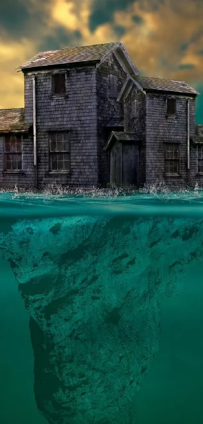 Underwater house with dramatic sky.