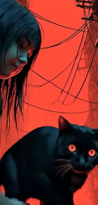 Mysterious urban art with black cat and red background.