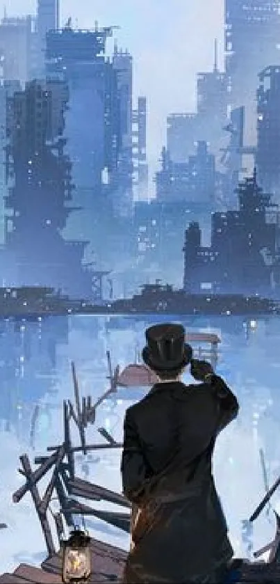 Lone figure overlooking a futuristic cityscape on a mobile wallpaper.