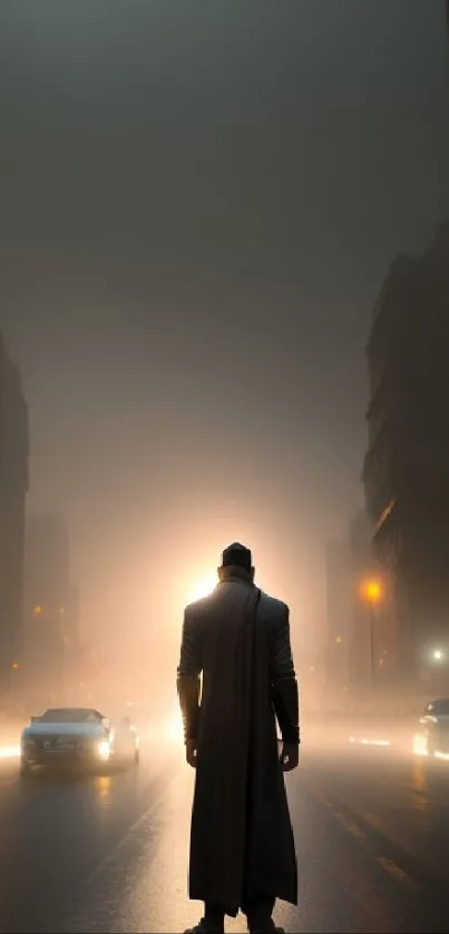 Silhouette in a foggy city street at night with bright lights.