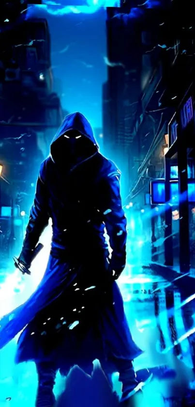 Cloaked figure in neon-lit urban alley.