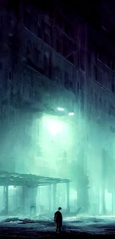 Mysterious cityscape with neon lights and foggy atmosphere at night.