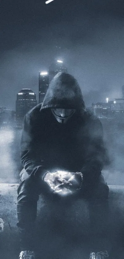 Hooded figure in a foggy city nightscape with glowing hands.