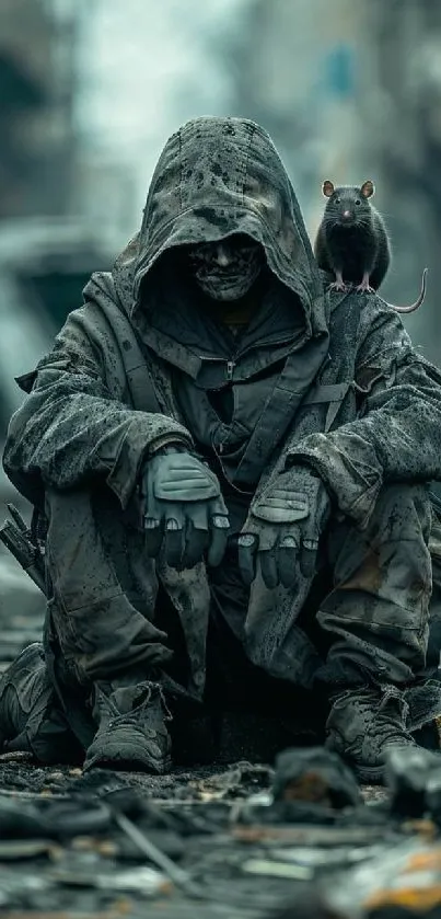 Hooded survivor with rat in ruins.