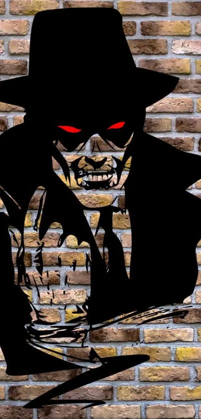 Mysterious figure with red eyes on brick wall art.