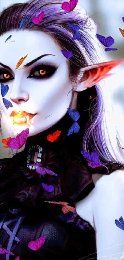 Mysterious vampire character with red eyes and purple hair in fantasy art style.