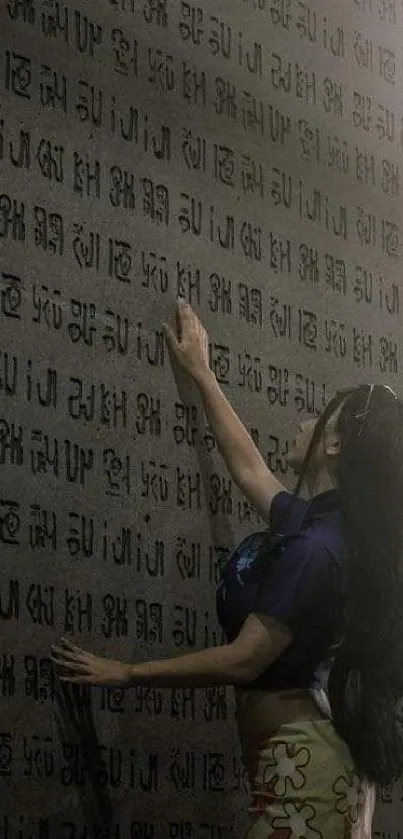 A person touches a wall covered in ancient script, creating a mysterious ambiance.