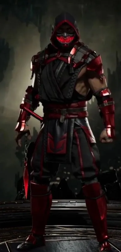 Mysterious warrior in black and red armor stands in a dark, mystical background.