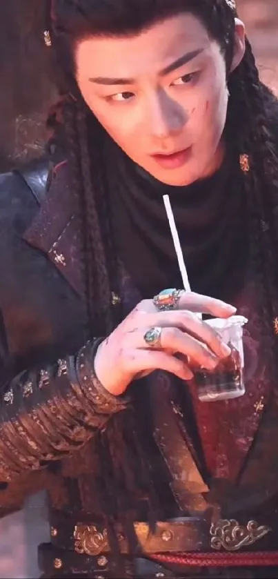 Mysterious warrior with drink in dark attire.