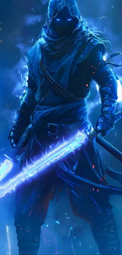 Mysterious hooded warrior in blue glow holding sword.