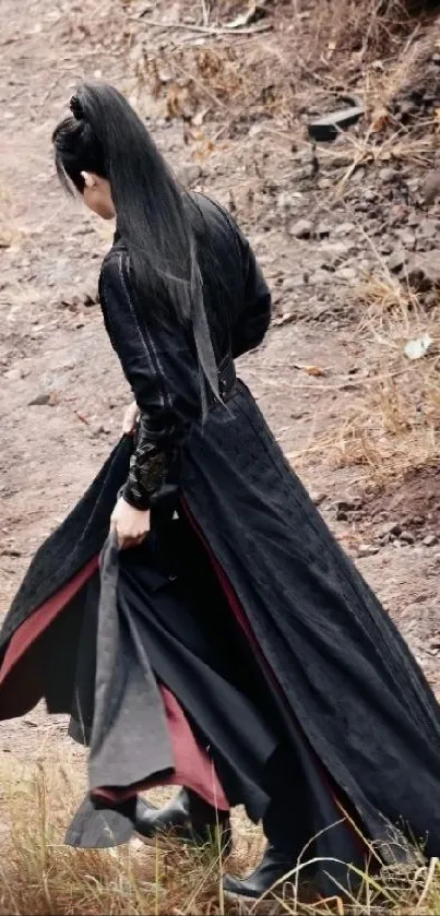 Mysterious warrior in dark attire walking through a rugged landscape.