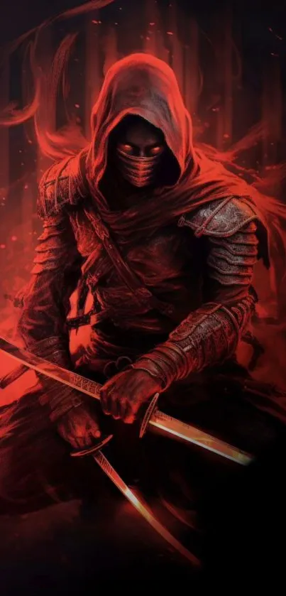 A mysterious red warrior holding sharp knives in a shadowy atmosphere.