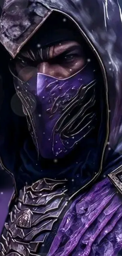 Hooded warrior in purple armor, mysterious wallpaper.