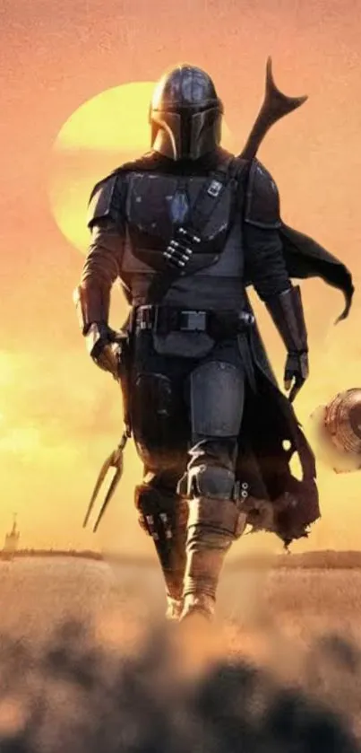 Armored warrior walking into sunset on desert landscape.