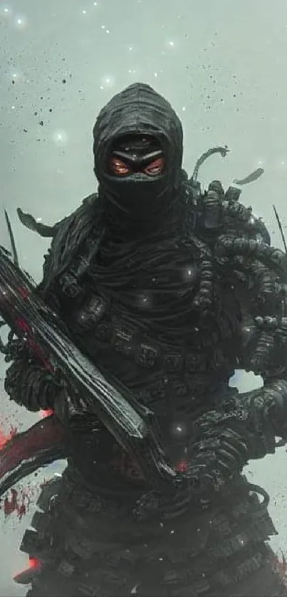 Mysterious dark ninja warrior with red accents on mobile wallpaper.