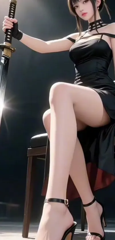 Anime-inspired woman with sword in black dress.