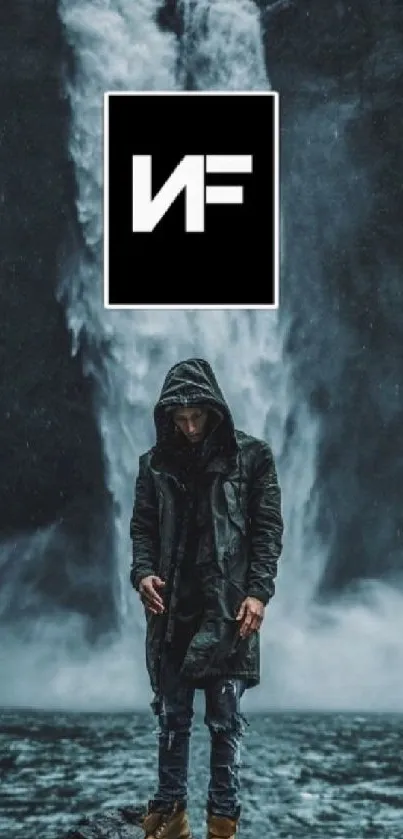 Hooded figure in front of a dark waterfall.