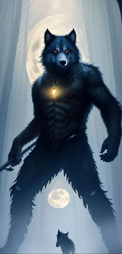 Mystical werewolf in a moonlit forest with a glowing ambiance