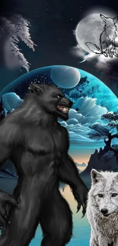 Werewolf and wolf under moonlit sky, mystical fantasy scene.